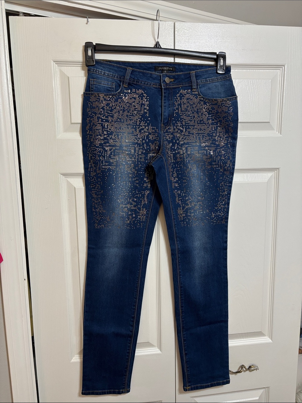 Women's Dark Blue Skinny Jeans with Metallic Pixel Detailing